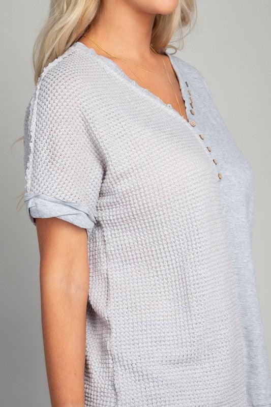 Waffle buttoned short sleeve top - Azoroh