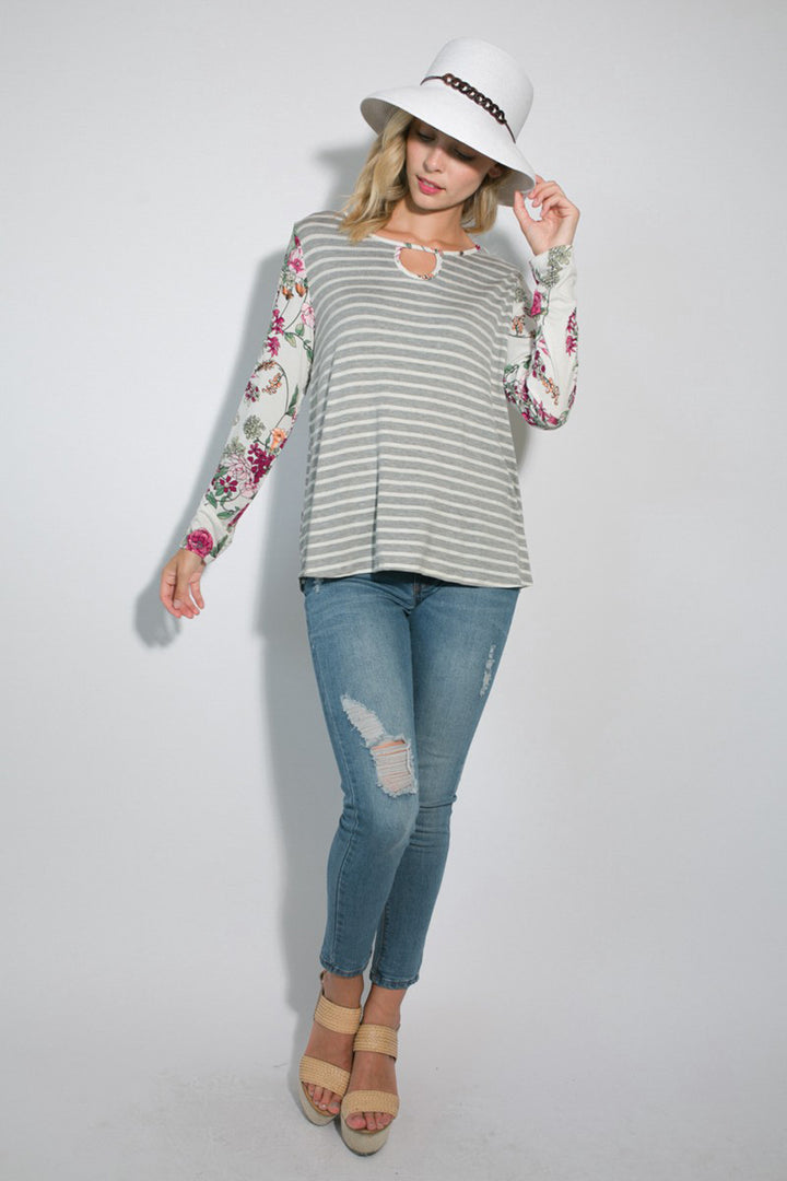 STRIPE FLORAL MIXED KEY HOLE ROUND NECK TUNIC TOP