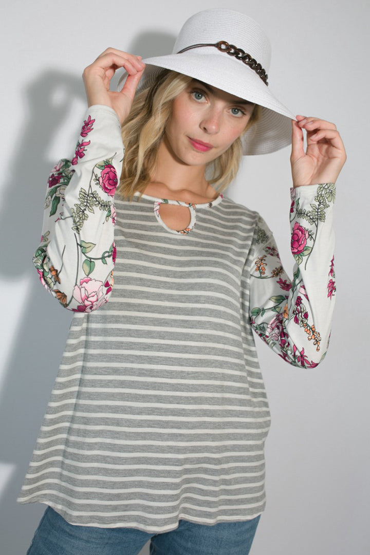 STRIPE FLORAL MIXED KEY HOLE ROUND NECK TUNIC TOP