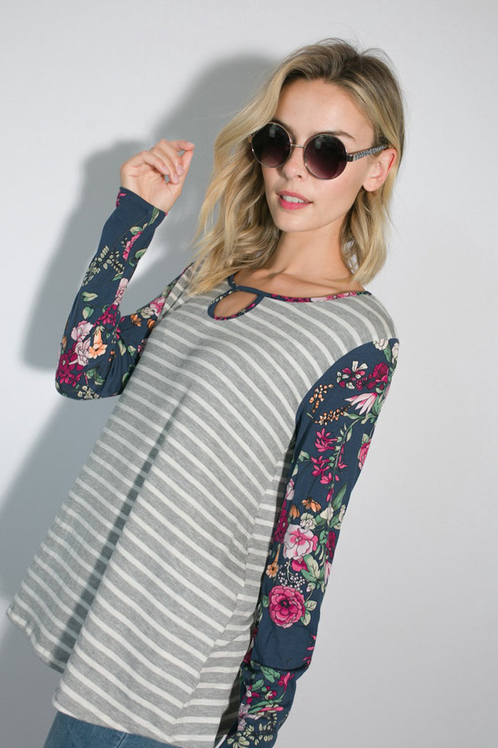 STRIPE FLORAL MIXED KEY HOLE ROUND NECK TUNIC TOP