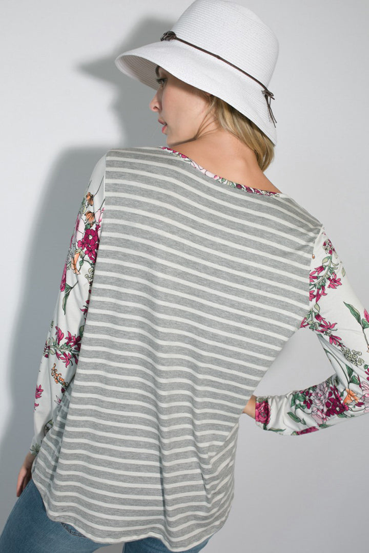 STRIPE FLORAL MIXED KEY HOLE ROUND NECK TUNIC TOP