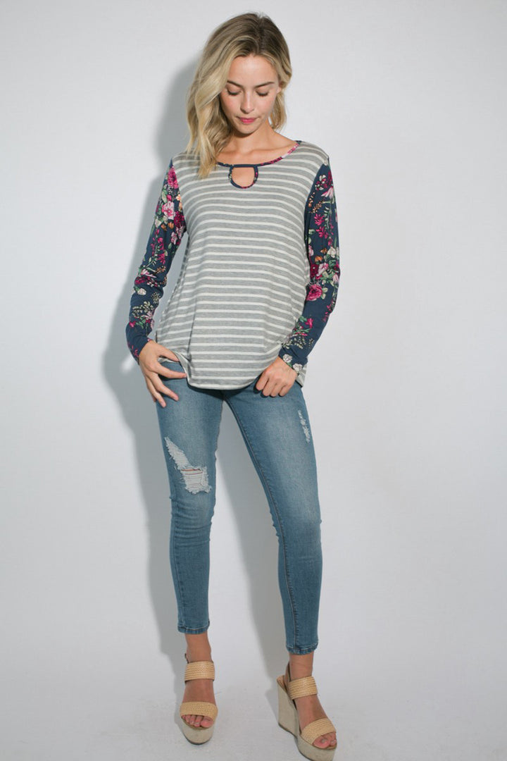 STRIPE FLORAL MIXED KEY HOLE ROUND NECK TUNIC TOP