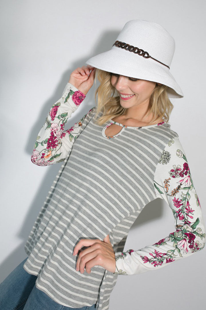 STRIPE FLORAL MIXED KEY HOLE ROUND NECK TUNIC TOP