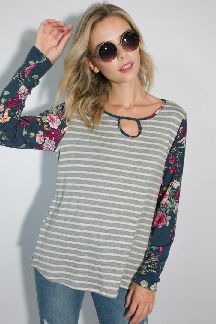 STRIPE FLORAL MIXED KEY HOLE ROUND NECK TUNIC TOP