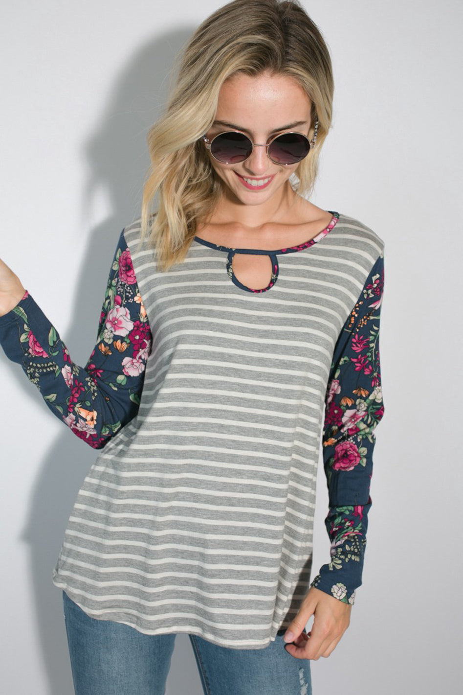 STRIPE FLORAL MIXED KEY HOLE ROUND NECK TUNIC TOP