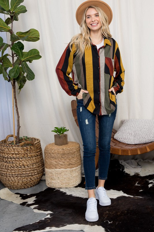 COZY STRIPE BUTTON DOWN SHACKET