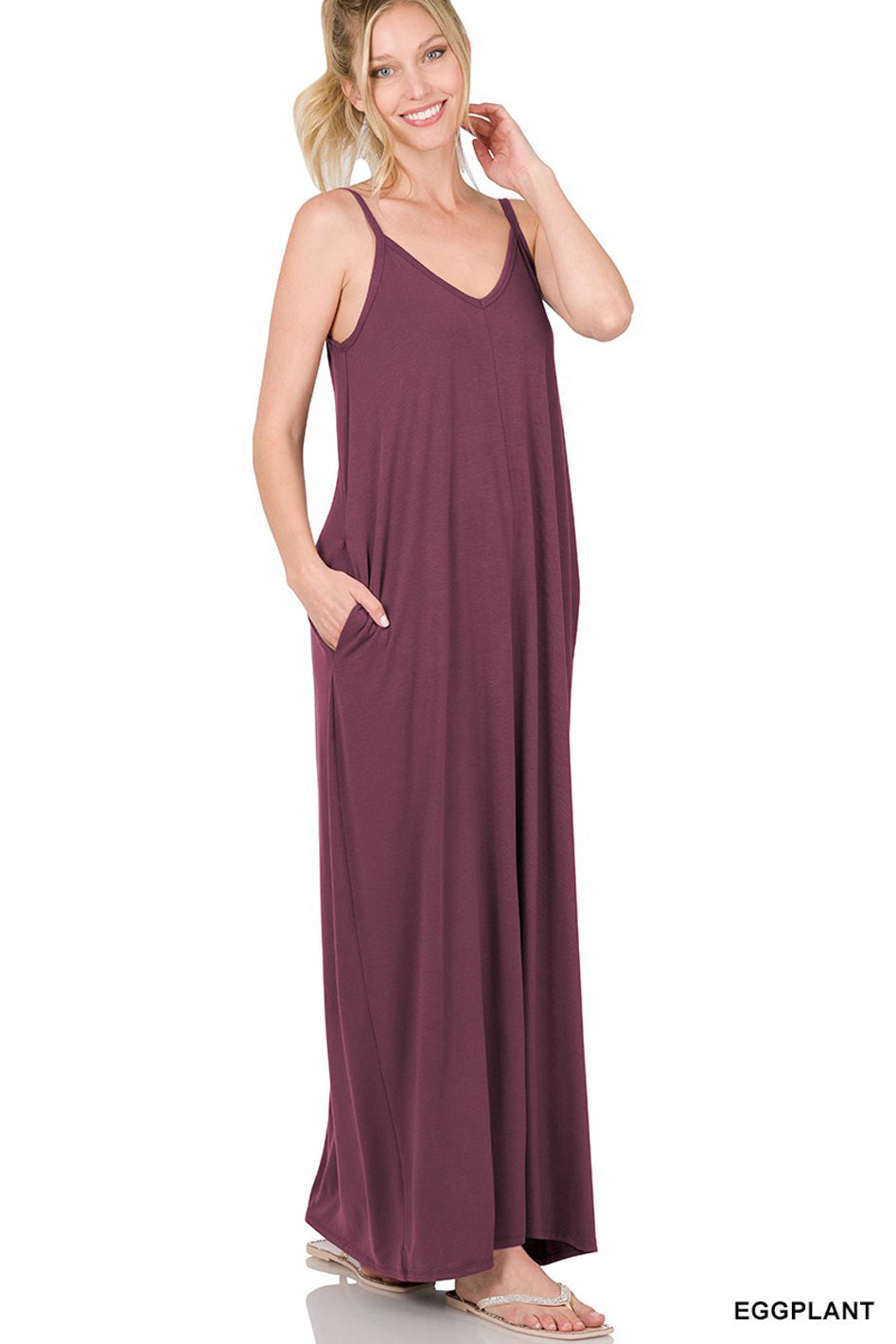 V-Neck Cami Maxi Dress with Side Pockets - Azoroh