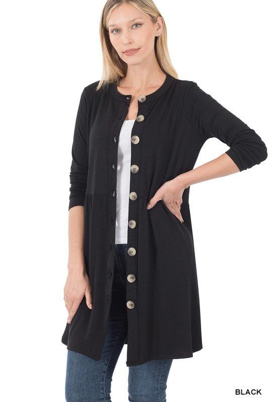 Shirred Waist Buttoned Cardigan With Side Pockets - Azoroh