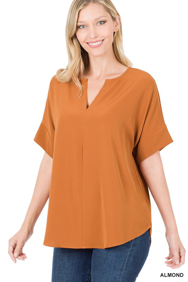 Heavy Woven Span Split Neck Short Sleeve Top - Azoroh