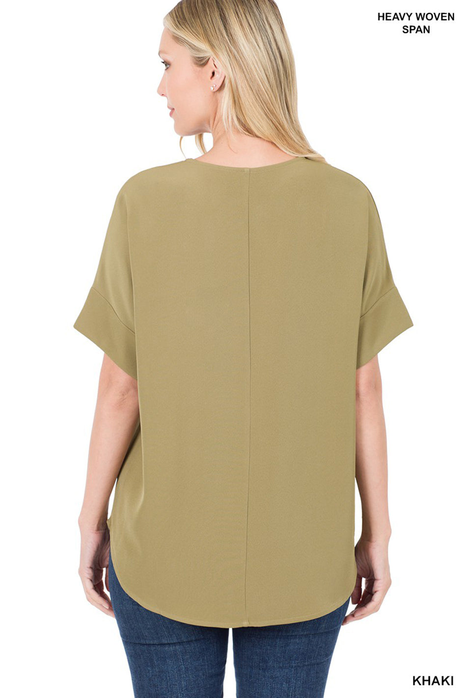 Heavy Woven Span Split Neck Short Sleeve Top - Azoroh