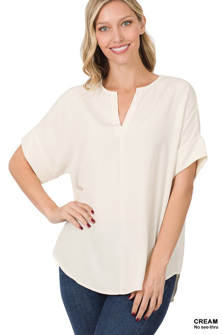 Heavy Woven Span Split Neck Short Sleeve Top - Azoroh