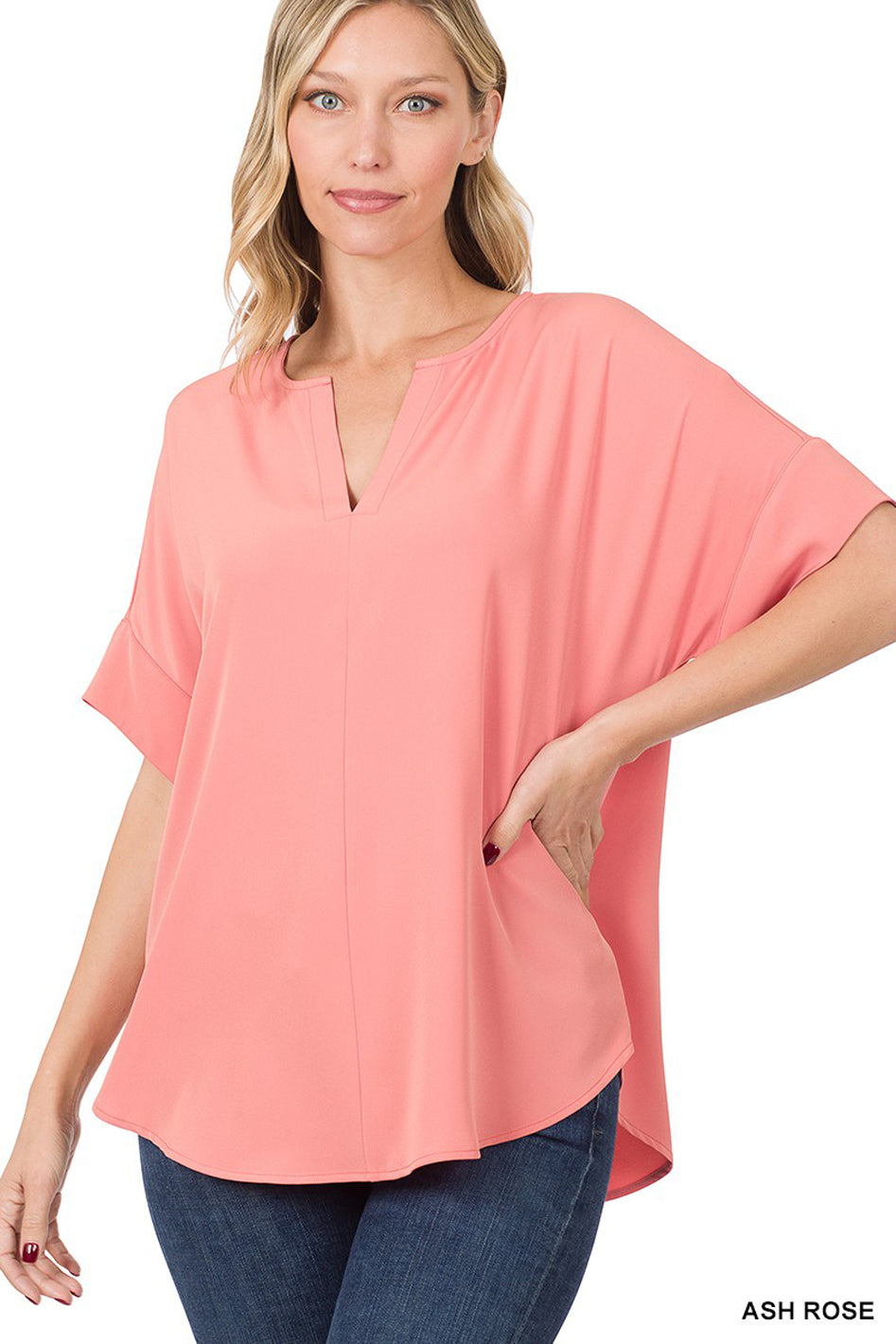 Heavy Woven Span Split Neck Short Sleeve Top - Azoroh