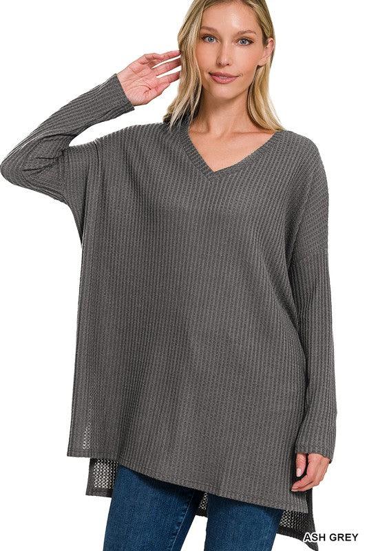 Brushed Thermal Waffle V-Neck Hi-Low Hem Sweater - Azoroh