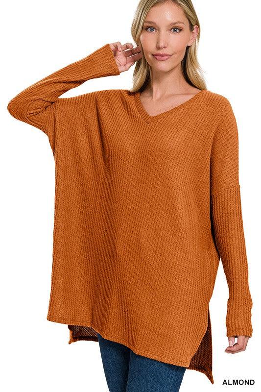 Brushed Thermal Waffle V-Neck Hi-Low Hem Sweater - Azoroh