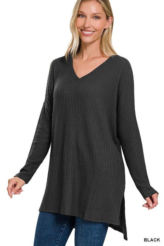 Brushed Thermal Waffle V-Neck Hi-Low Hem Sweater - Azoroh