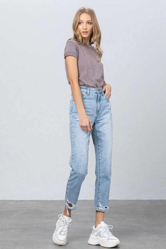 High Waist Ripped Hem Tapered Jeans