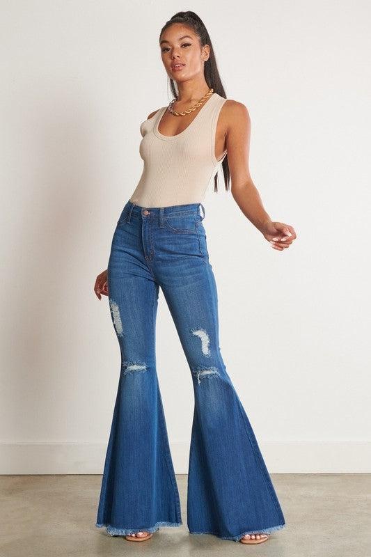 High-Waisted Distressed Flare Jeans - Azoroh