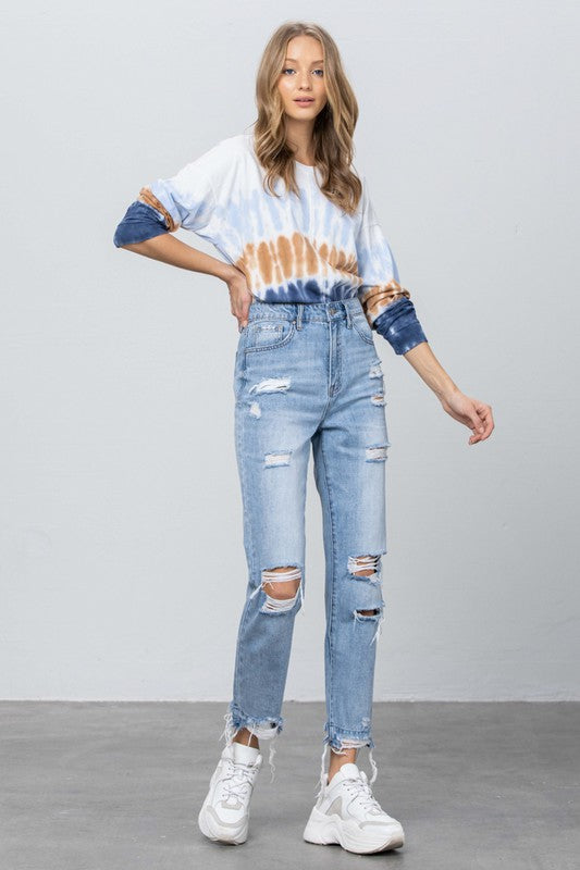 High Waist Ripped Fray Girlfriend Jeans