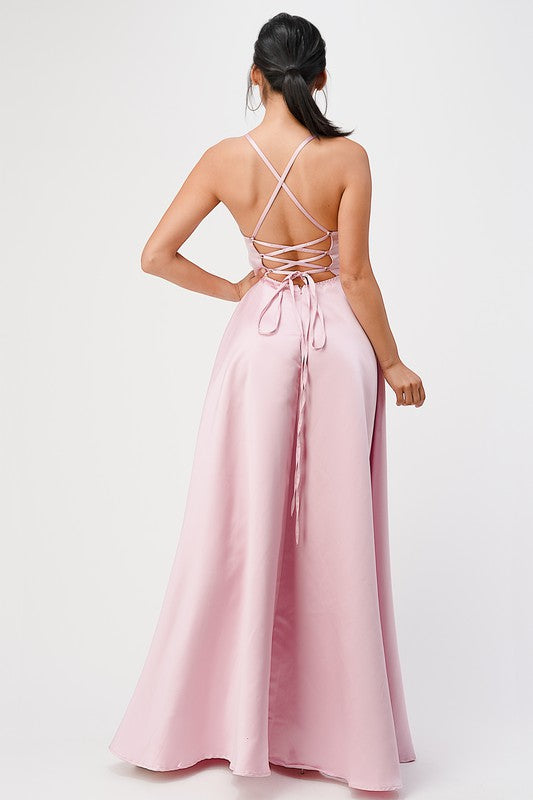 open side back spaghetti zig zag tie satin gown