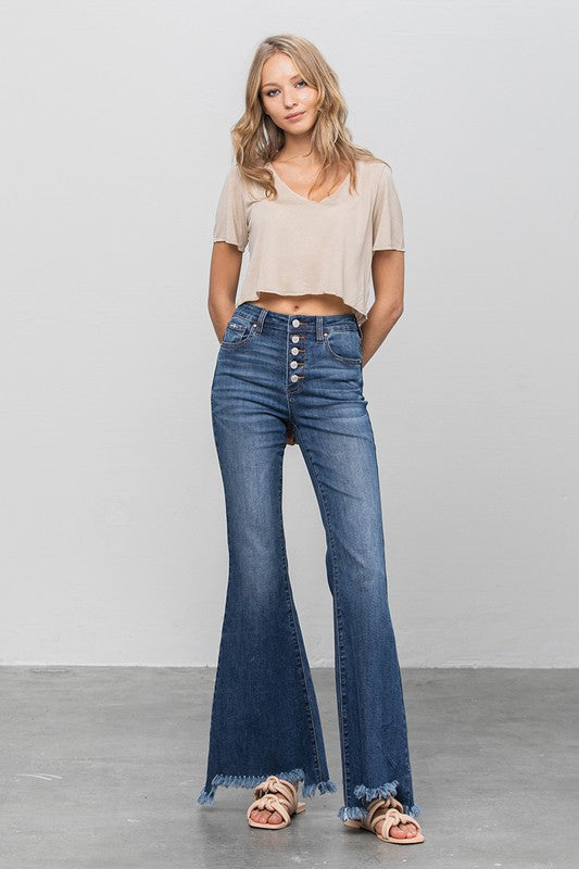 Button Fly Fray Hem Flare Jeans