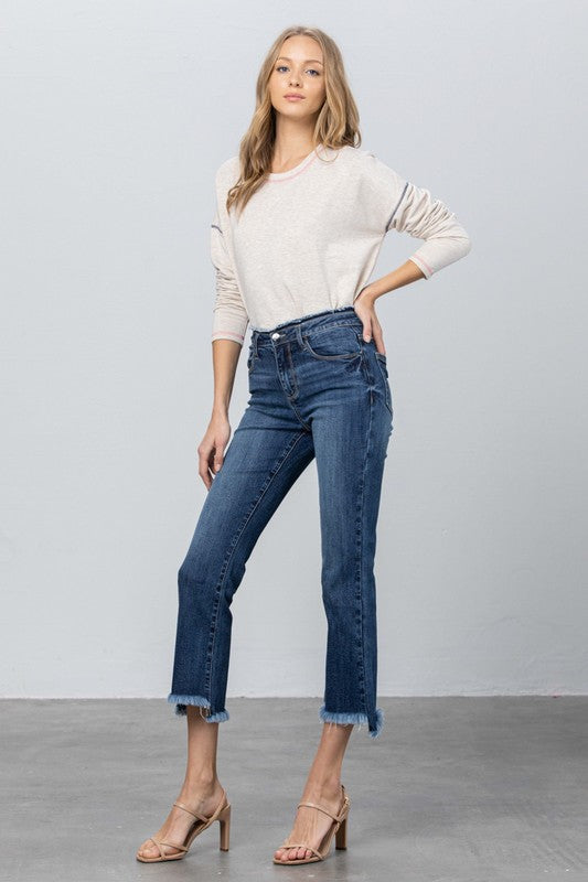 FRAY WAISTBAND DETAIL CROP BOOT CUT JEANS