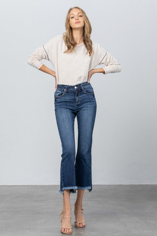 FRAY WAISTBAND DETAIL CROP BOOT CUT JEANS