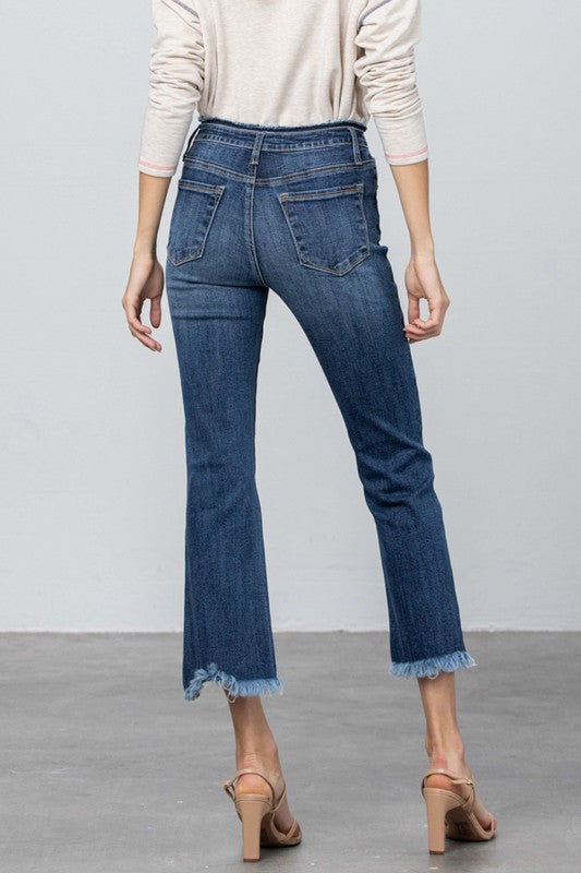 FRAY WAISTBAND DETAIL CROP BOOT CUT JEANS