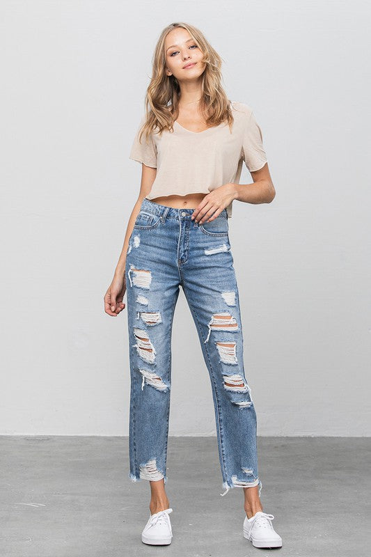 High Waist Ripped Raw Hem Girlfriend Jeans