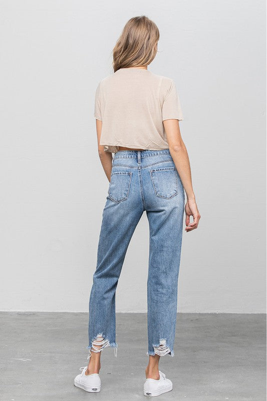 High Waist Ripped Raw Hem Girlfriend Jeans