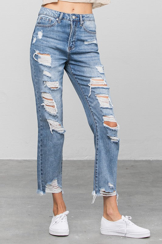 High Waist Ripped Raw Hem Girlfriend Jeans