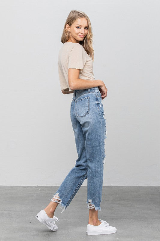 High Waist Ripped Raw Hem Girlfriend Jeans