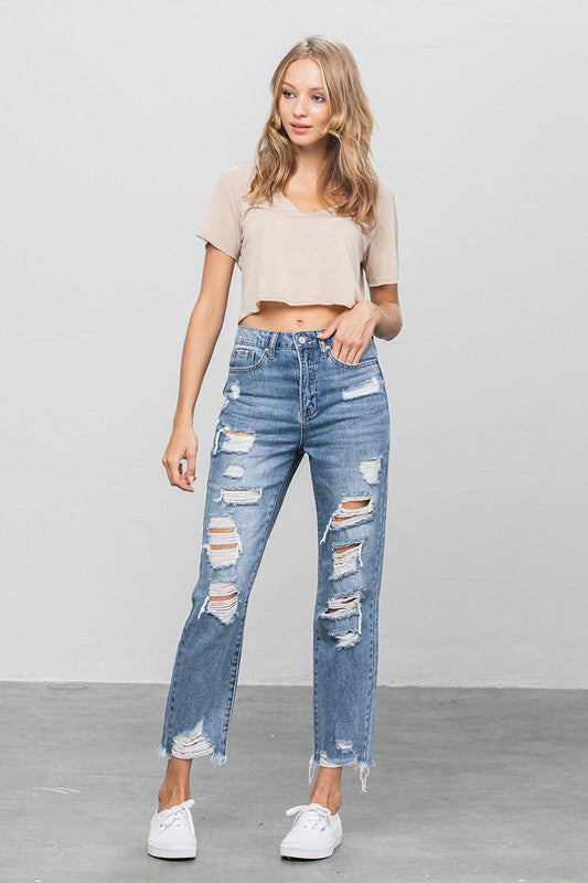 High Waist Ripped Raw Hem Girlfriend Jeans