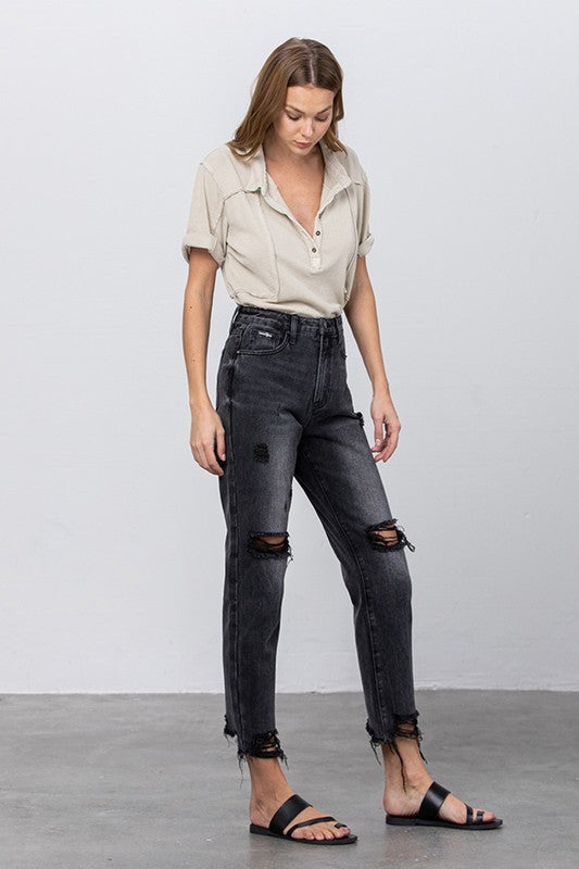 High Rise Ripped Frayed Hem Mom Jeans