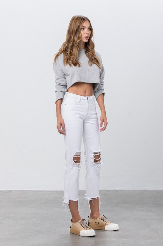 High Waist Ripped Frayed Hem Straight Jeans