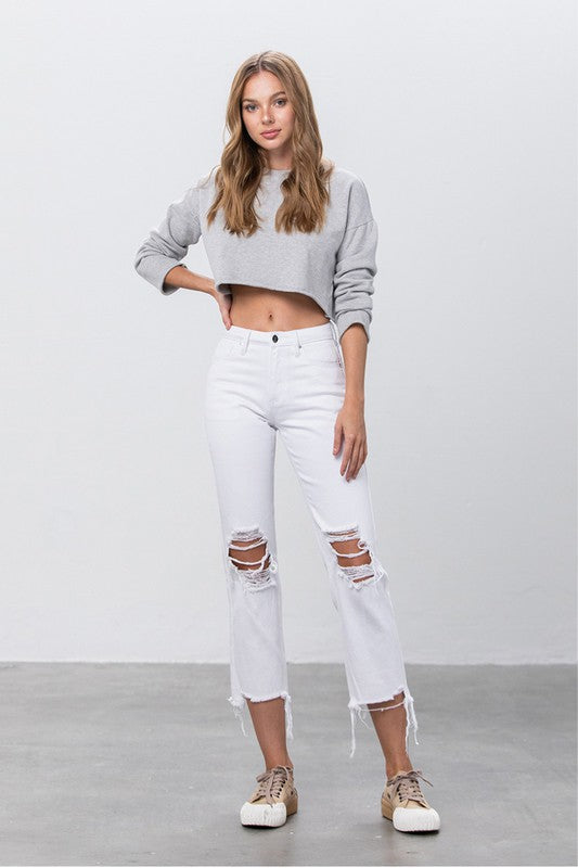 High Waist Ripped Frayed Hem Straight Jeans