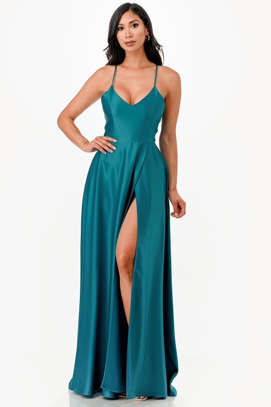 open side back spaghetti zig zag tie satin gown