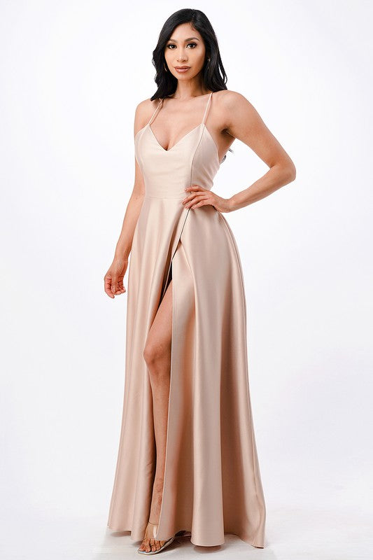 open side back spaghetti zig zag tie satin gown