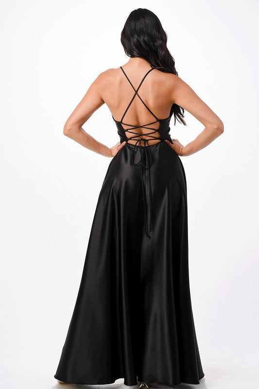 open side back spaghetti zig zag tie satin gown