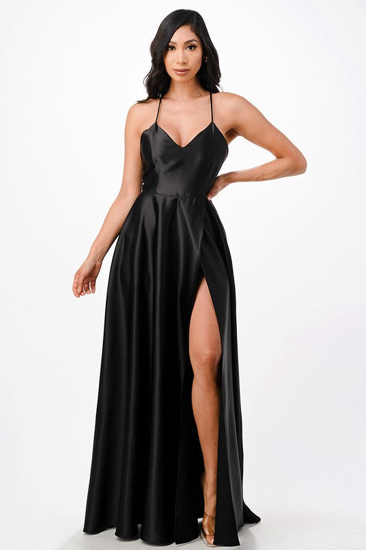 open side back spaghetti zig zag tie satin gown