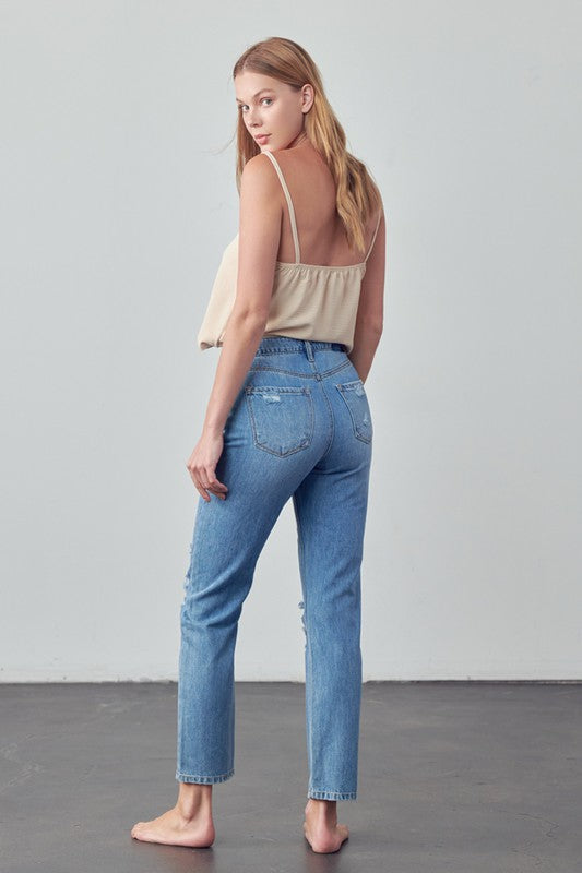 High Rise Distressed Straight Jeans