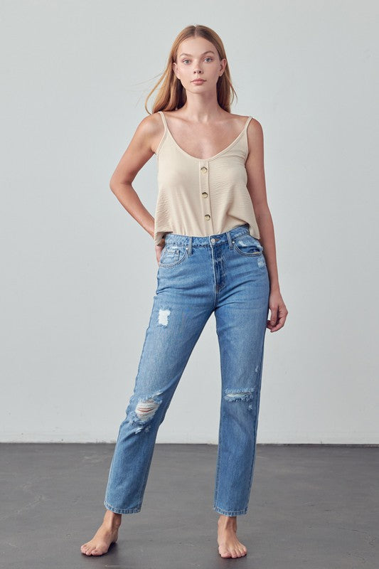 High Rise Distressed Straight Jeans