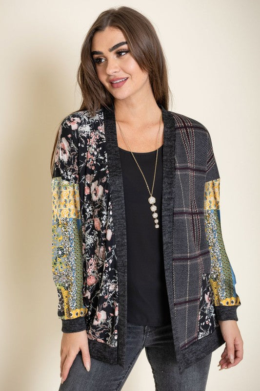 Mix Fabric Open Cardigan