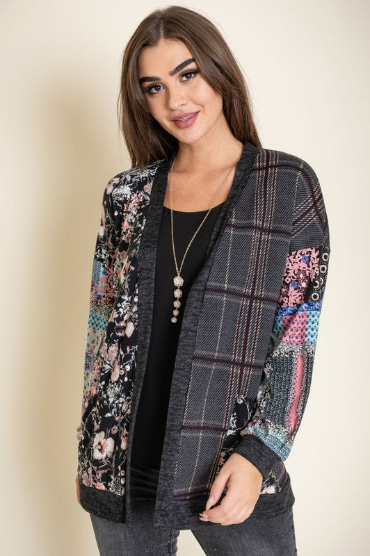 Mix Fabric Open Cardigan