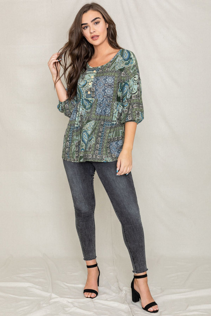 Button Accent Paisley Top