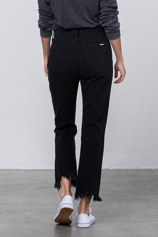 High Waist Ripped Frayed Hem Straight Jeans