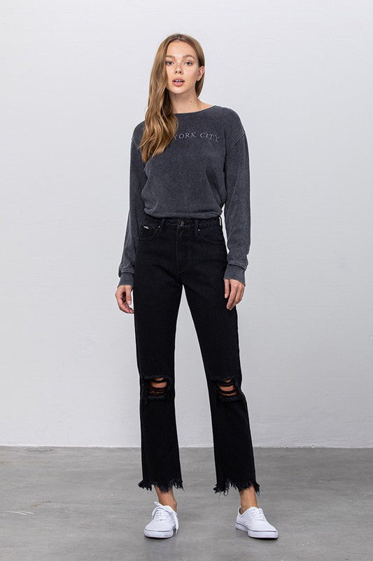 High Waist Ripped Frayed Hem Straight Jeans