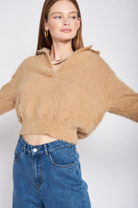 V Neck Fuzzy Cropped Sweater - Azoroh