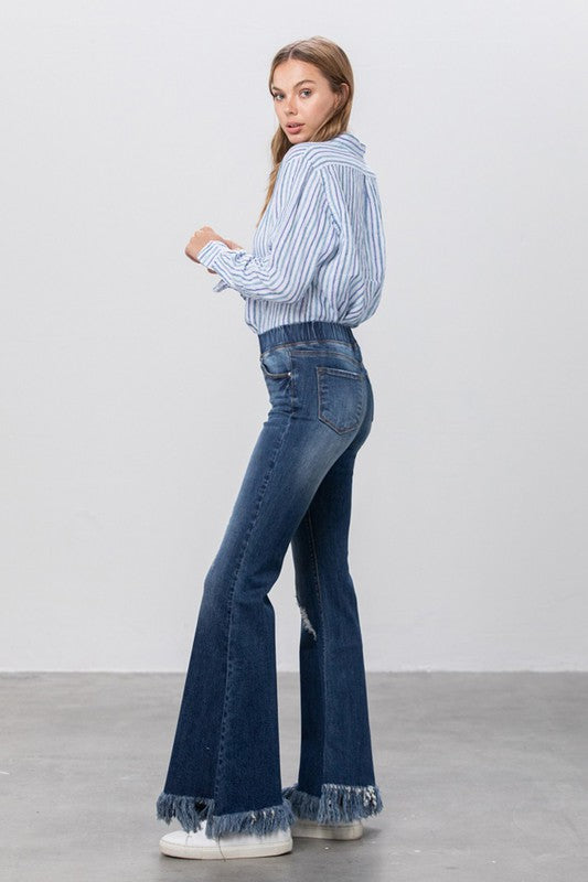 Elastic Banded Long Frayed Flare Jeans