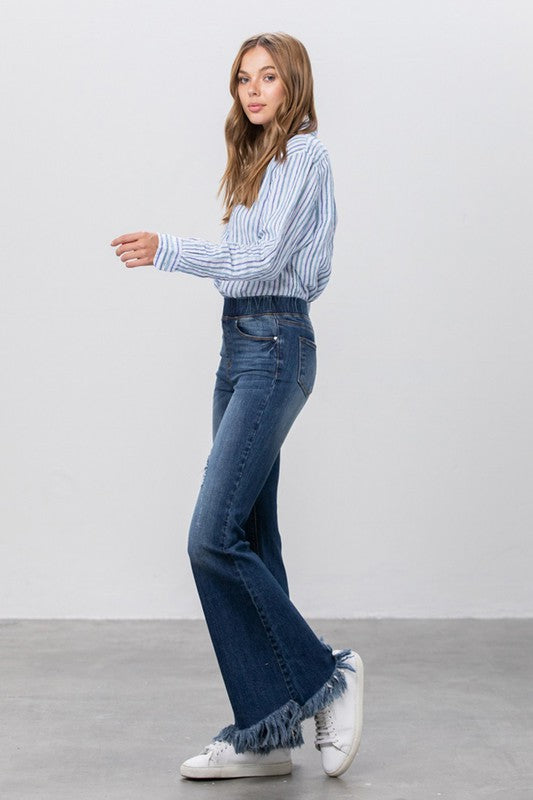 Elastic Banded Long Frayed Flare Jeans