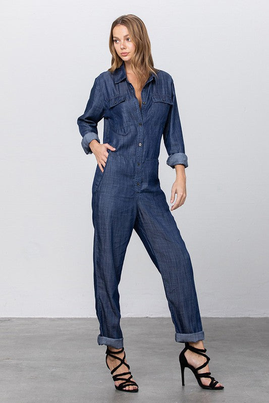 Collared Button Front Tencel Jumpsuit